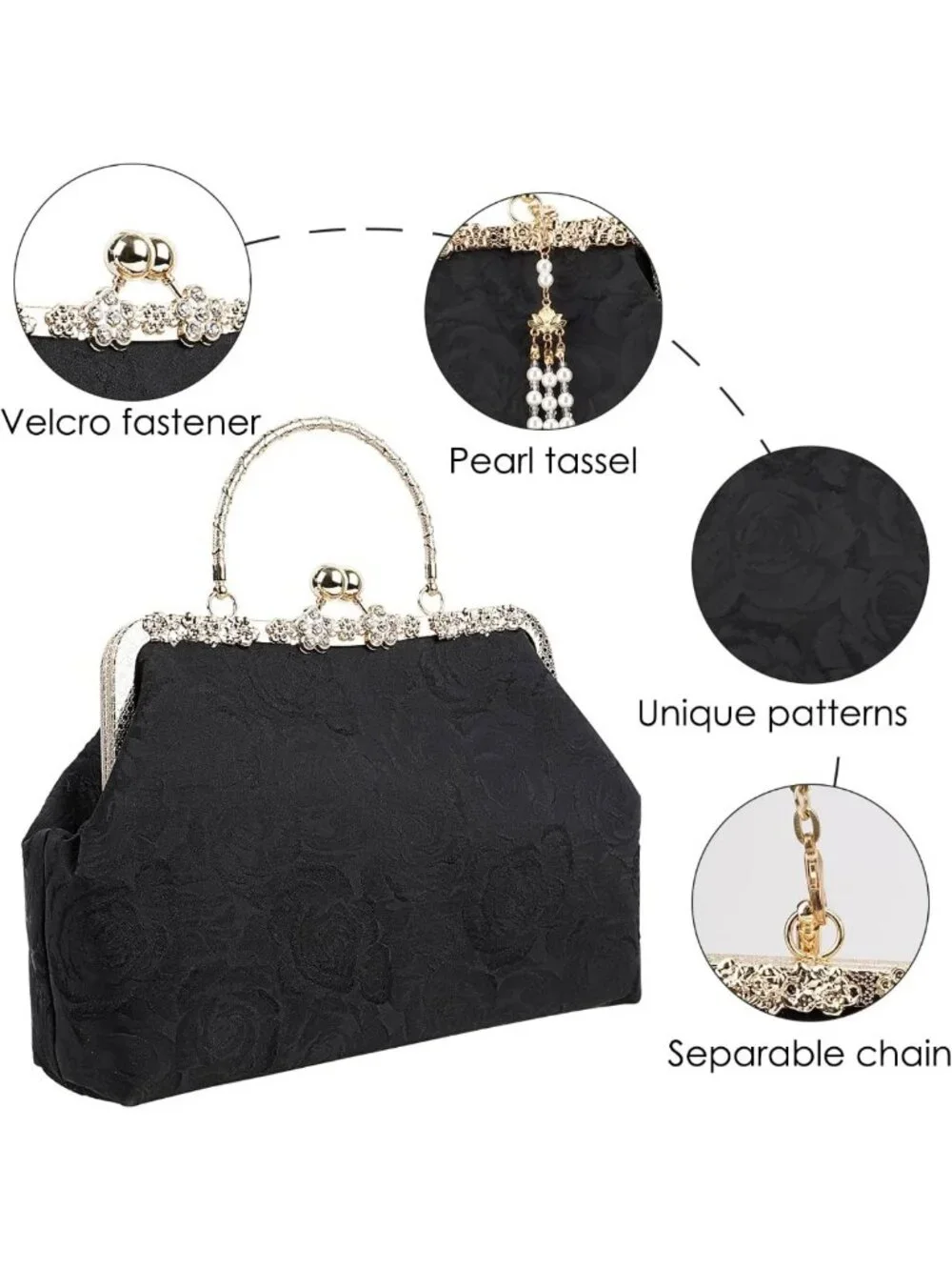 1920s Vintage Floral Jacquard Evening Bag, Retro Gold Clutch with Pearl Tassel